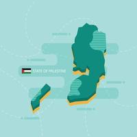 Mapa vectorial 3d del estado de palestina con nombre y bandera del país sobre fondo verde claro y guion. vector