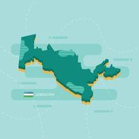 3d vector map of Uzbekistan with name and flag of country on light green background and dash.