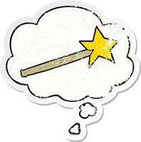 cartoon magic wand and thought bubble as a distressed worn sticker vector