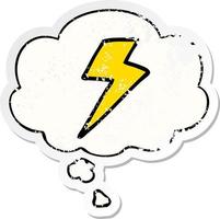 cartoon lightning bolt and thought bubble as a distressed worn sticker vector