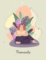 postal con una chica meditando sobre el fondo de la naturaleza dibujada en estilo garabato. vector