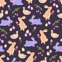 Seamless Easter pattern with rabbits and geese. Vector illustration in cute doodle style.