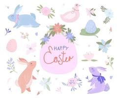 Set of cute elements for happy easter. Easter bunnies, Easter eggs, duck and flowers. vector