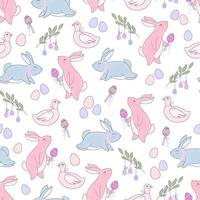 Seamless Easter pattern with rabbits and geese. Vector illustration in cute doodle style.