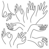 Set with vector hands and different gestures line art.