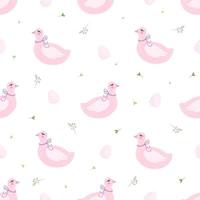 Seamless Easter pattern with rabbits and geese. Vector illustration in cute doodle style.