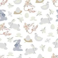 Seamless pattern with different Easter eggs and rabbit in retro style. vector