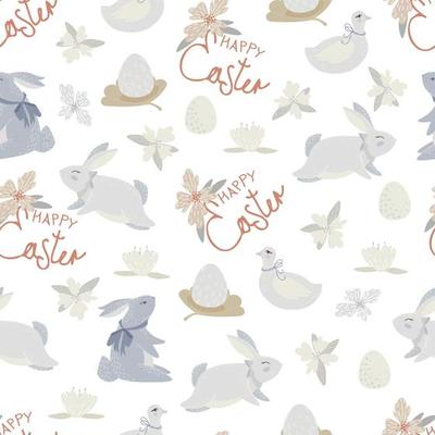 Seamless pattern with different Easter eggs and rabbit in retro style.