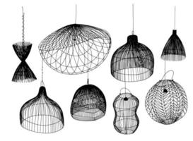 Set of doodle style rattan lamps. Vector black and white illustration for creating a logo for an interior design studio or lighting studio.