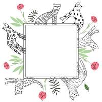 Frames for a children's photo album, an invitation, a notebook or a postcard with cute cats and tropical leaves in a doodle style. vector