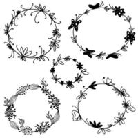 Hand drawn round vector frame with flowers and leaves.