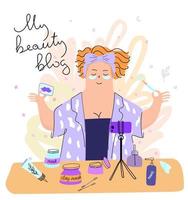 The girl leads a video blog about self-care and cosmetics vector