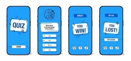 The template of the mobile application interface for the quiz on a blue background. Test, exam, questions and answers for a TV show. Vector illustration of EPS10