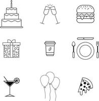 un conjunto de íconos de fiesta y celebración de cumpleaños como pastel, caja de regalo, cóctel, copa de vino, pizza, globos, hamburguesa, taza y plato de café, tenedor, cuchara y cuchillo