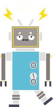 flat color retro cartoon malfunctioning robot vector