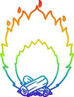dibujo de línea de gradiente de arco iris fuego de campamento ardiente de dibujos animados vector