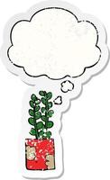 cartoon plant and thought bubble as a distressed worn sticker vector