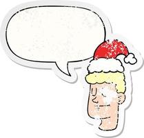 cartoon man wearing christmas hat and speech bubble distressed sticker vector