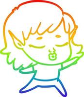 rainbow gradient line drawing pretty cartoon elf girl vector