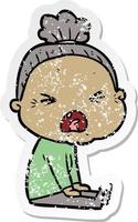 distressed sticker of a cartoon angry old woman vector