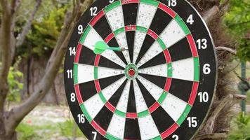 dartspel närbild. spelar dart i trädgården. video