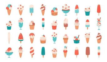 Ice cream big set. Ice cream cone with different flavors, ice lolly, ice cream in glass. Summertime, hello summer vector