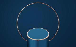 Empty blue cylinder podium with gold border and copper circle on blue background. Abstract minimal studio 3d geometric shape object. Mockup space for display of product design. 3d rendering. photo