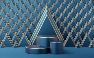 Empty blue cylinder podium with gold border on Art Deco golden triangle pattern background. Abstract minimal studio 3d geometric shape object. Mockup space for display of product design. 3d rendering. photo