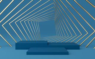 Empty dark blue cube podium with gold square on blue background. Abstract minimal studio 3d geometric shape object. Pedestal mockup space for display of product design. 3d rendering. photo