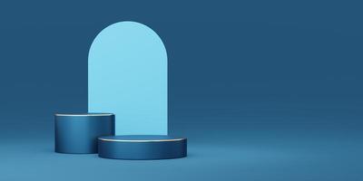 2 podio de cilindro azul vacío con borde dorado sobre fondo de arco azul. estudio mínimo abstracto objeto de forma geométrica 3d. espacio de maqueta para mostrar el diseño del producto. representación 3d foto