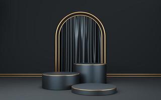 Empty gray cylinder podium and gold border on black arch and curtain background. Abstract minimal studio 3d geometric shape object. Pedestal mockup space for display of product design. 3d rendering. photo