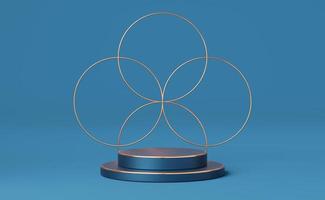 Empty cylinder podium with gold border and gold circle of flower shape on blue background. Abstract minimal studio 3d geometric shape object. Mockup space for display of product design. 3d rendering. photo