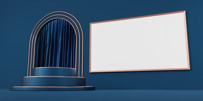 Blue cylinder podium and gold border on curtain arch and copy space background. Pedestal and white empty advertising board with copper border. Mockup space for display of product design. 3d rendering. photo