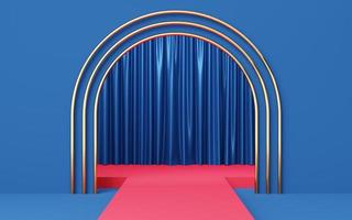 3 Empty red catwalk or podium on gold arch and blue curtain background. Abstract minimal studio 3d geometric shape object. Mockup space for display of product design. 3d rendering. photo