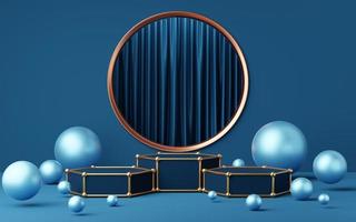 3 Empty blue hexagon podium with copper border, ball on gold circle arch, curtain background. Abstract minimal studio geometric shape. Pedestal mockup space for product design. 3d rendering. photo