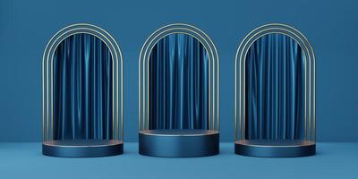 3 Empty blue cylinder podium with gold border on blue arch and curtain background. Abstract minimal studio 3d geometric shape object. Mockup space for display of product design. 3d rendering. photo