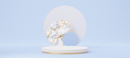 Empty white cylinder podium with gold marble circle on blue copy space background. Abstract pastel minimal studio 3d geometric shape. Mockup space for display of product design. 3d rendering. photo