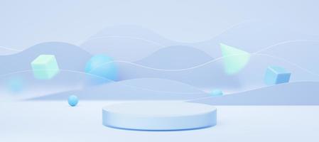 Empty white glass cylinder podium on translucent glass, blue wave background. Abstract pastel minimal studio 3d geometric shape. Mockup space for display of product design. Paper cut style. 3d render. photo