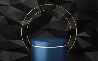 Empty blue cylinder podium with silver border and 2 gold circle on black triangle texture background. Abstract minimal studio 3d geometric shape. Mockup space for display of product design. 3d render. photo