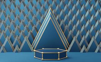 Empty blue hexagon podium with gold border, ball on Art Deco golden triangle pattern background. Abstract minimal studio 3d geometric shape. Mockup space for display of product design. 3d rendering. photo