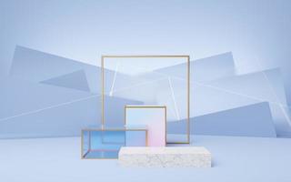 3 Empty white marble cube podium with gold frame placed against blue pastel, glass wall background. Pedestal pastel minimal geometric showcase mockup. Stage for display of product design. 3d render. photo