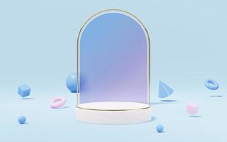 Empty white marble cylinder podium with gold border, ball, cone, cube on glass arch background. Abstract minimal studio 3d geometric shape object. Mockup space for display of product design. 3d render photo