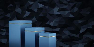 3 Empty blue cube podium with gold border floating on dark blue triangle texture background. Abstract minimal studio 3d geometric shape. Pedestal mockup space for display of product design. 3d render. photo