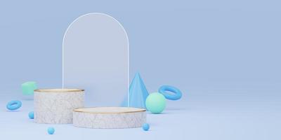 Empty marble cylinder podium with gold border, ball, cone, cube on blue glass arch background. Abstract minimal studio 3d geometric shape object. Mockup space for display of product design. 3d render. photo