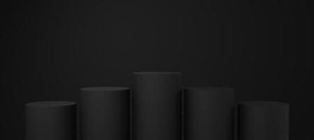 5 Empty black cylinder podium floating on black copy space background. Abstract minimal studio 3d geometric shape object. Monotone pedestal mockup space for display of product design. 3d rendering. photo