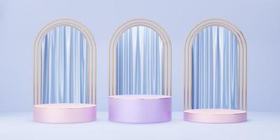 podio cilíndrico morado y rosa con borde dorado sobre arco azul y fondo de cortina. estudio mínimo abstracto objeto de forma geométrica 3d. espacio de maqueta para mostrar el diseño del producto. representación 3d foto