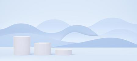 3 Empty white cylinder podium on blue wave background. Abstract pastel minimal studio 3d geometric shape. Mockup space for display of product design. Paper cut style. 3d rendering. photo