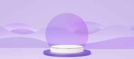 Empty white cylinder podium with gold border on purple wave background. Abstract pastel minimal studio 3d geometric shape. Mockup space for display of product design. Paper cut style. 3d rendering. photo