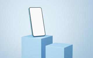 3d smartphone on blue cube podium floating on white copy space background. Realistic mobile phone with blank white screen. Minimal studio. Monotone pedestal mockup space for display app. 3d rendering photo