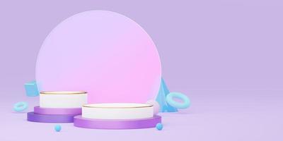 Empty white cylinder podium with gold border, ball, cone, cube on glass circle purple background. Abstract minimal studio 3d geometric shape. Mockup space for display of product design. 3d render. photo